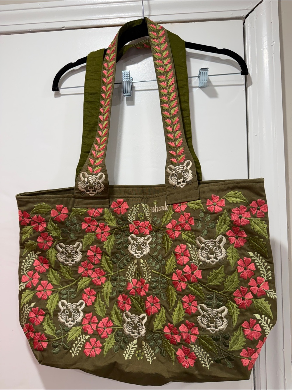 Dhonk Olive Green Hand Embroidered Tiger and Floral Tote Bag with Pink Accents